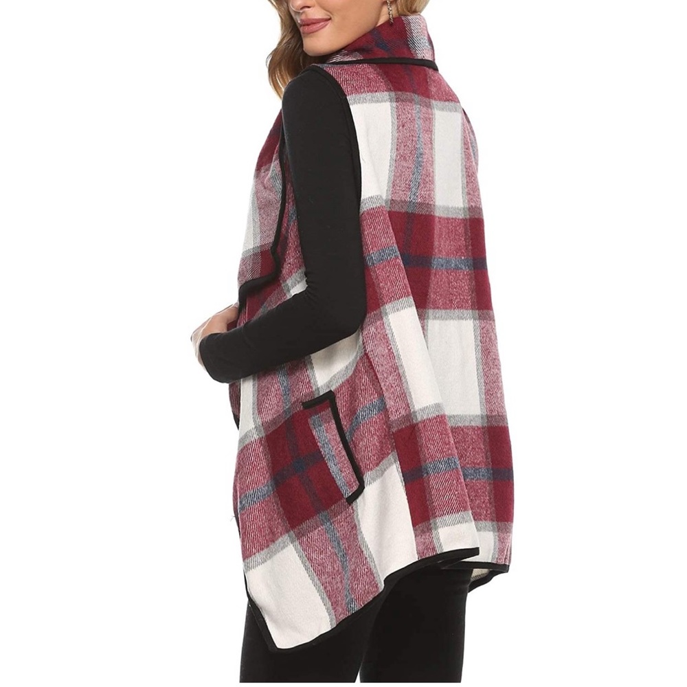 Vest Lapel Open Front Buffalo Plaid Sleeveless - Picture 4 of 5